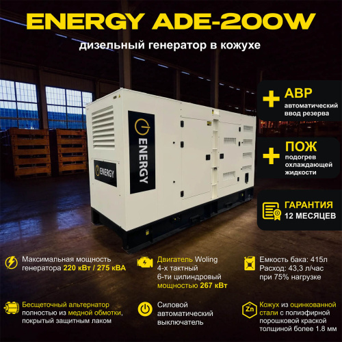 Дизельный генератор ENERGY ADE-200WL в кожухе с АВР
